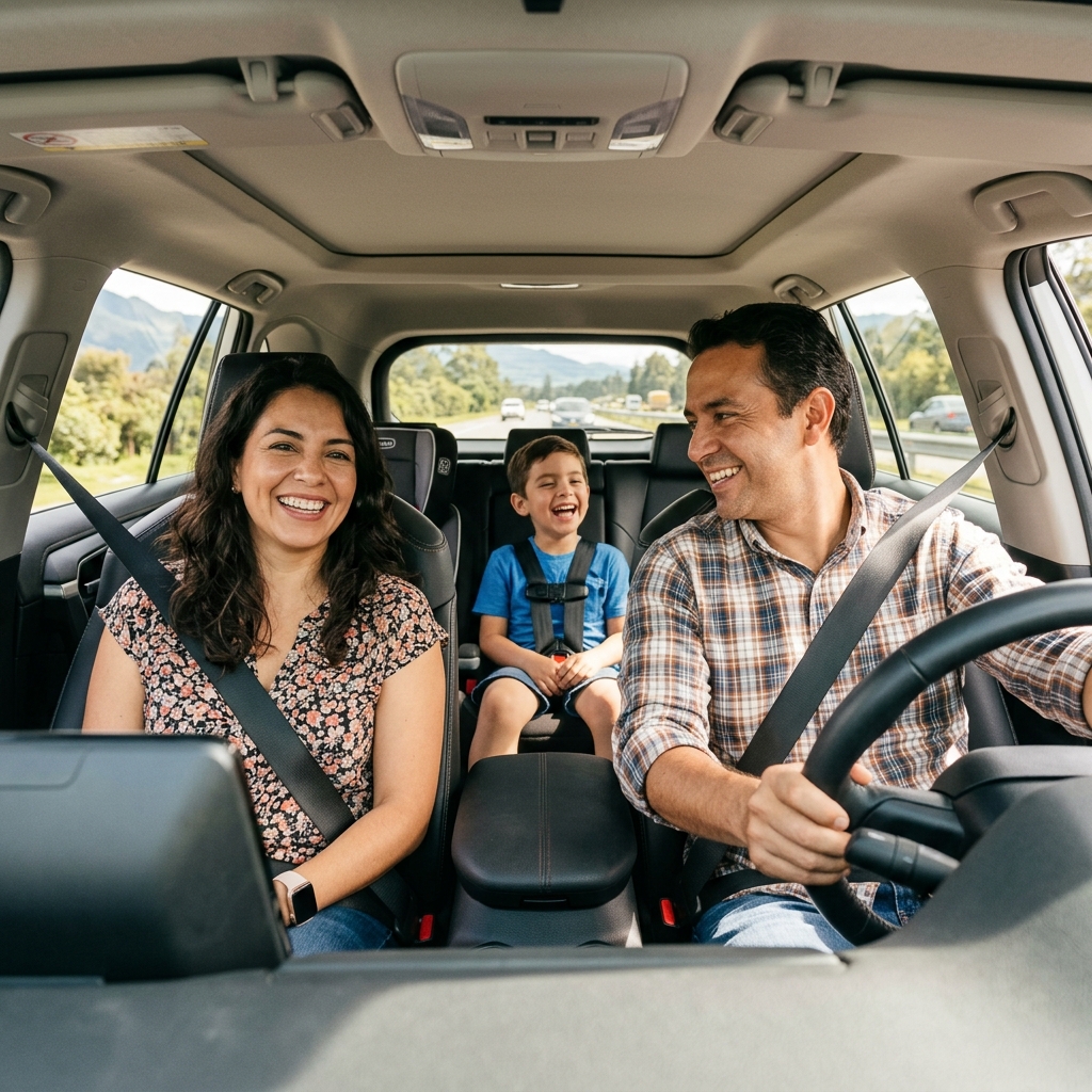 Familia colombiana tranquila manejando en su carro protegido por póliza Todo Riesgo. Roesan Seguros.